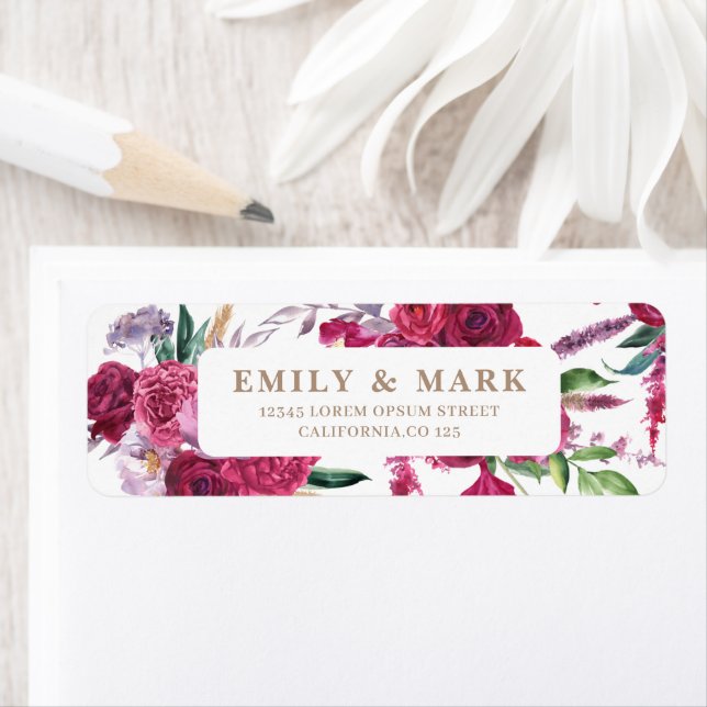Romantic Burgundy  Floral Wedding return address Label (Insitu)