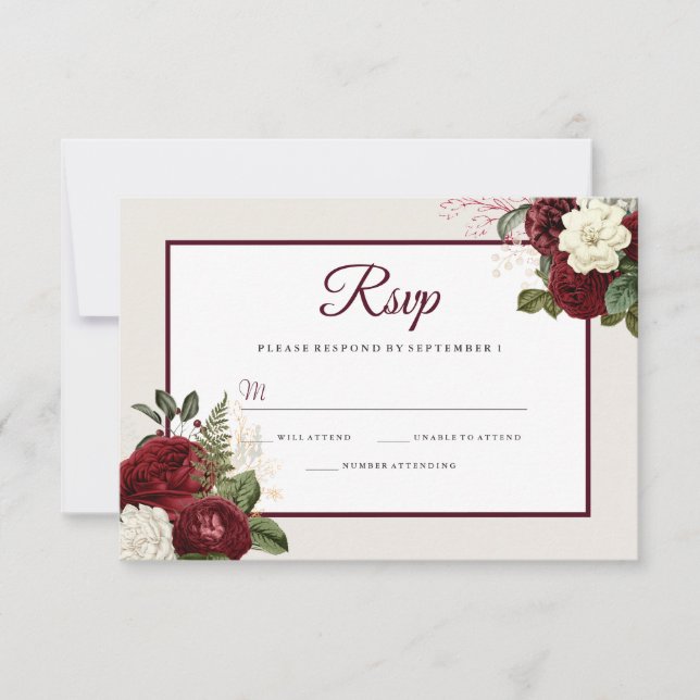 Romantic Burgundy Floral Wedding RSVP Card (Front)