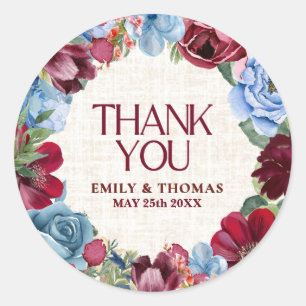 Romantic Burgundy Floral Wedding Thank You Classic Round Sticker