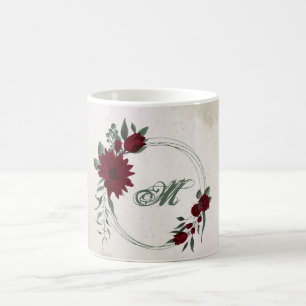 romantic burgundy flowers and green leaves coffee mug