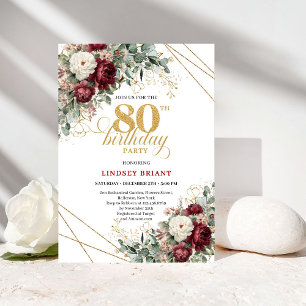 Romantic Burgundy Flowers Greenery Gold 80th Birth Invitation