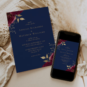 Romantic Burgundy Gold Floral Navy Blue Wedding Invitation