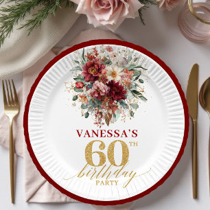 Romantic Burgundy Gold Greenery 60th Birthday Pape Paper Plate