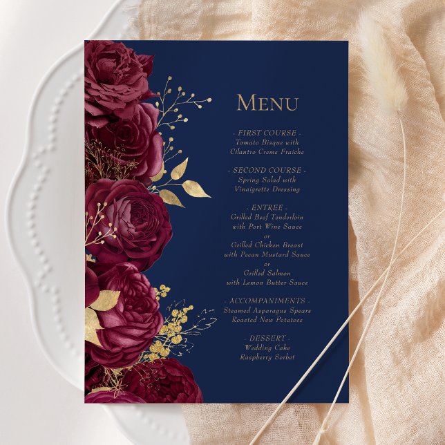 Romantic Burgundy Gold Navy Blue Floral Wedding Menu (Creator Uploaded)