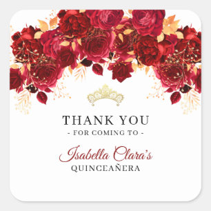 Romantic Burgundy Gold Quinceanera Thank You Square Sticker