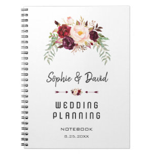 Romantic Burgundy Marsala Floral Wedding Planner Notebook