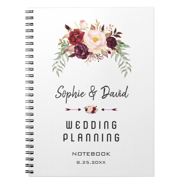 Romantic Burgundy Marsala Floral Wedding Planner Notebook (Front)