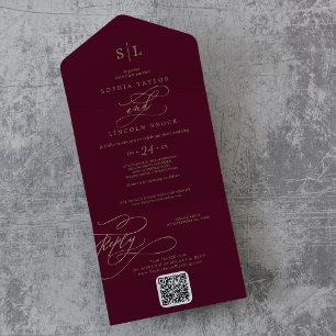 Romantic Burgundy Monogram QR Code Wedding All In One Invitation