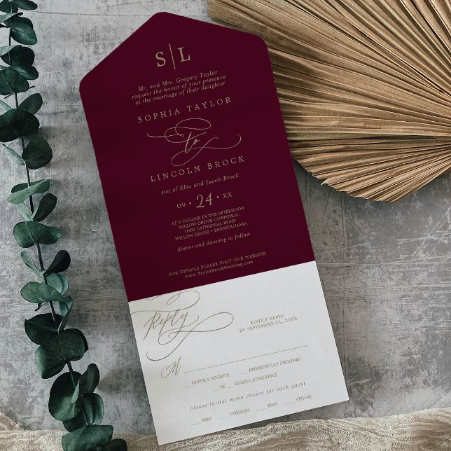 Romantic Burgundy Monogram Traditional Wedding All In One Invitation (Creator Uploaded)