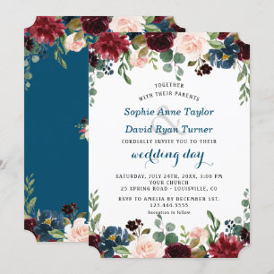 Romantic Burgundy Navy Blue Blush Floral Wedding Invitation