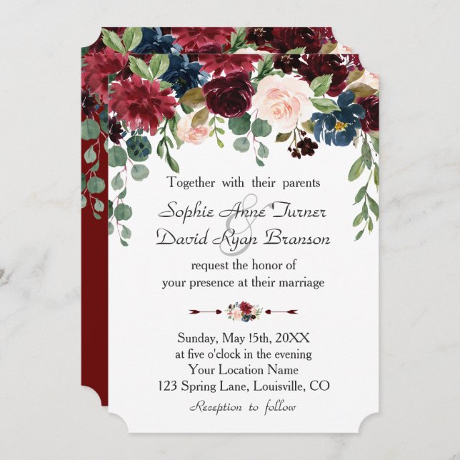 Romantic Burgundy Navy Blue Floral Wedding Invitation (Front/Back)