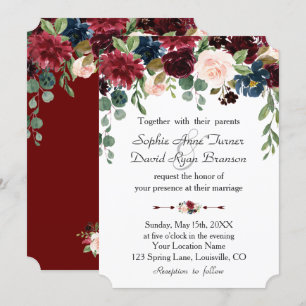 Romantic Burgundy Navy Blue Floral Wedding Invitation