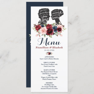 Romantic Burgundy Navy Floral Silhouette Menu Card