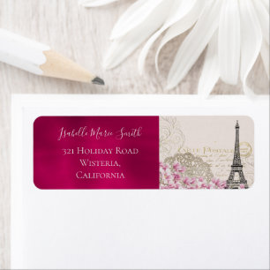 Romantic Burgundy Paris Eiffel Tower Pink Blossoms Return Address Label