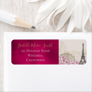 Romantic Burgundy Paris Eiffel Tower Pink Blossoms Return Address Label