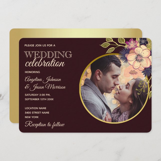 Romantic Burgundy Photo Wedding Invitation (Front/Back)