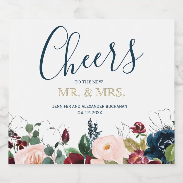 Romantic Burgundy, Pink, Blue and Black Sparkling  Sparkling Wine Label (Single Label)