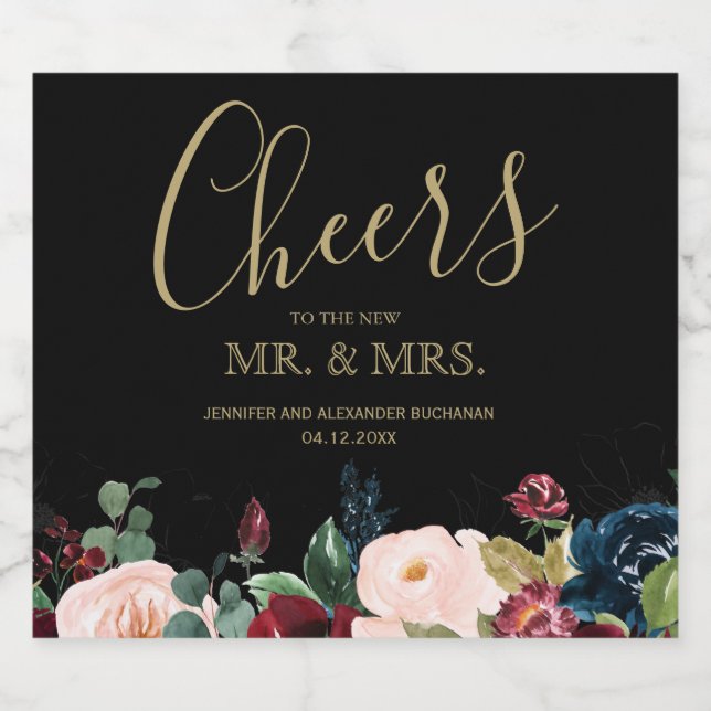 Romantic Burgundy, Pink, Blue and Black Sparkling  Wine Label (Single Label)