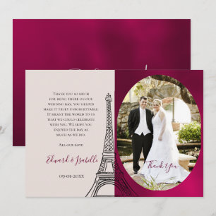Romantic Burgundy & Pink Eifel Tower Couple Photo Thank You Card