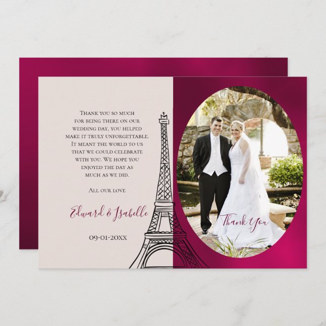Romantic Burgundy & Pink Eifel Tower Couple Photo Thank You Card (Front/Back)