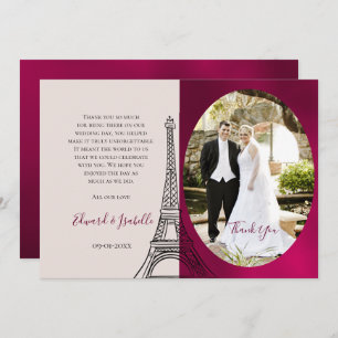 Romantic Burgundy & Pink Eifel Tower Couple Photo Thank You Card