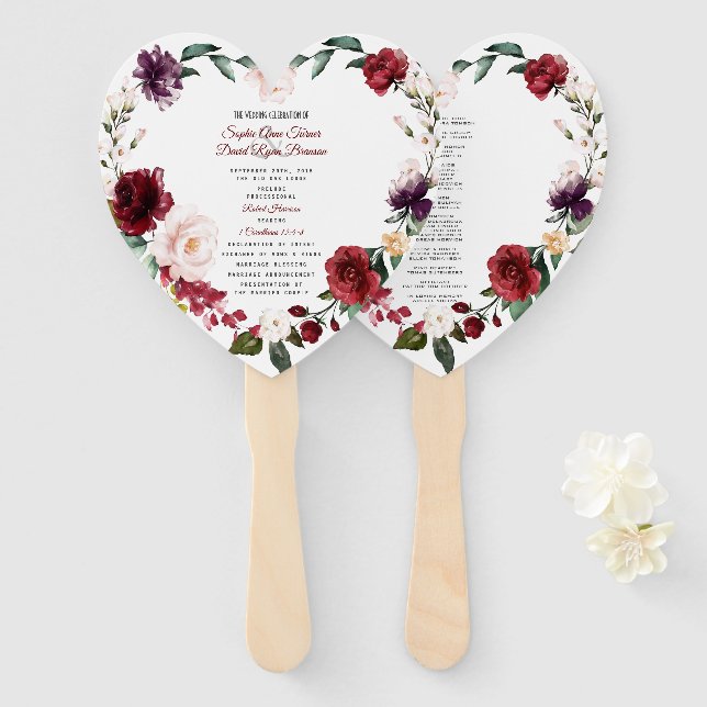 Romantic Burgundy Pink Floral Wedding Program Hand Fan (Front and Back)