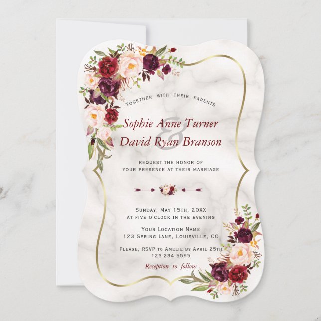 Romantic Burgundy Pink Flowers Marble Wedding Invitation (Front)