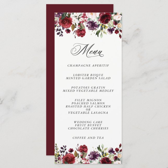Romantic Burgundy Plum and Blush Floral Menu (Front/Back)