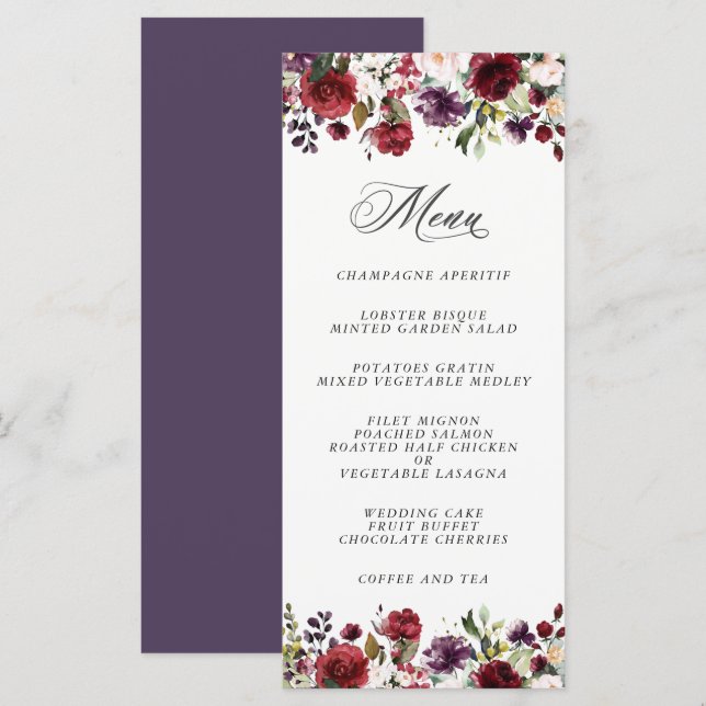 Romantic Burgundy Plum and Blush Floral Menu (Front/Back)