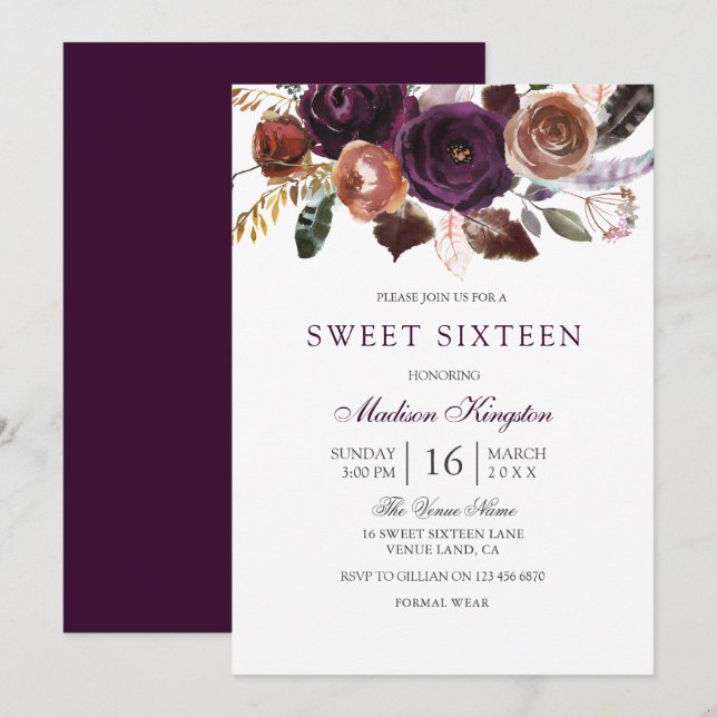 Romantic Burgundy Purple Plum Floral Sweet 16 Invitation (Front/Back)