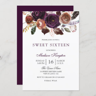 Romantic Burgundy Purple Plum Floral Sweet 16 Invitation
