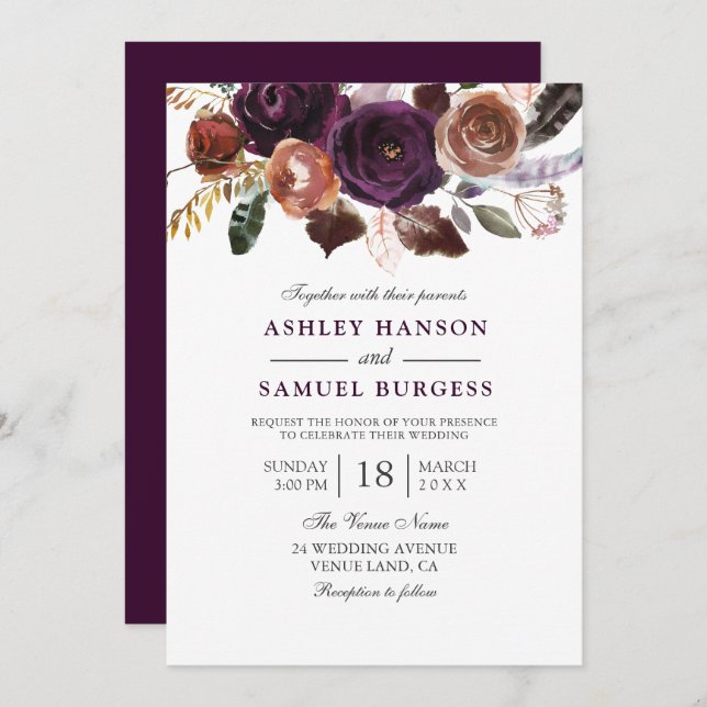 Romantic Burgundy Purple Plum Floral Wedding Invitation (Front/Back)