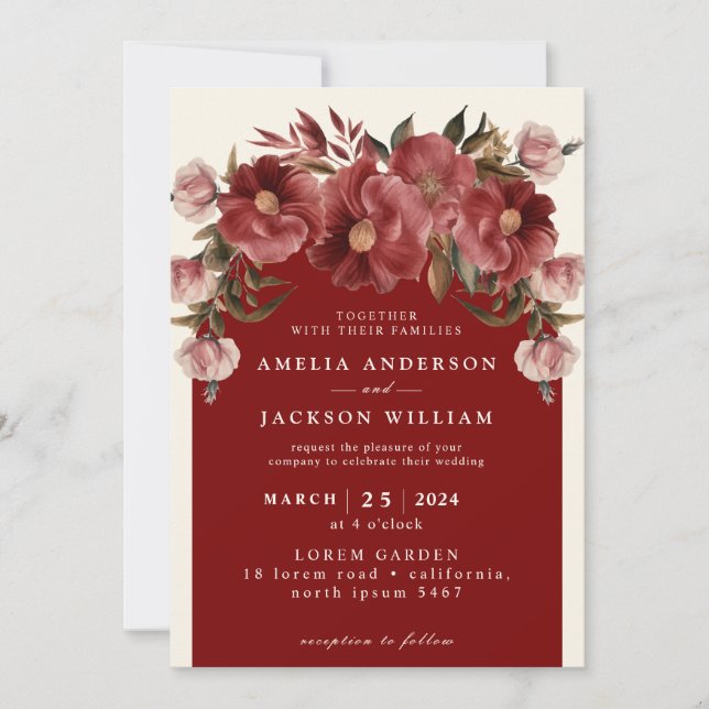 Romantic Burgundy red and blush pink Wedding Invitation (Front)