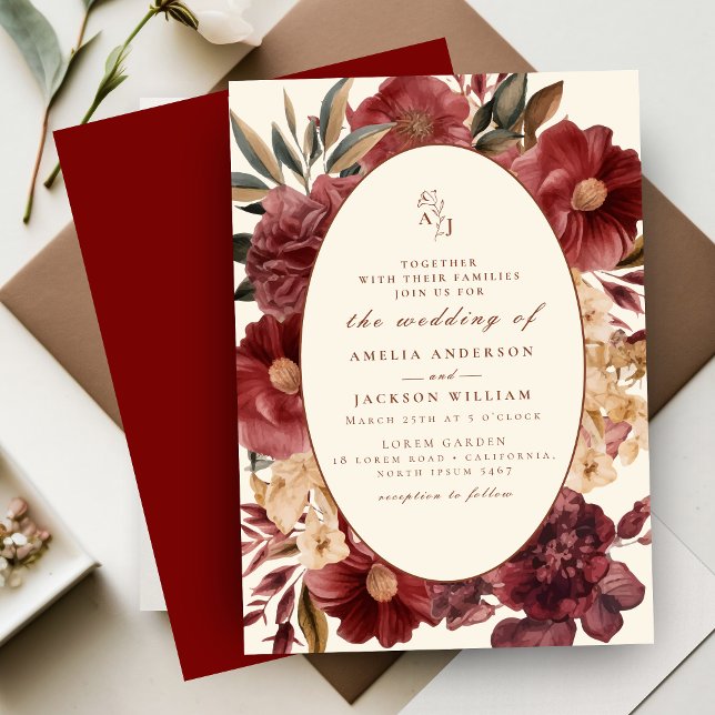 Romantic Burgundy red and copper Wedding Invitation (Creator Uploaded)