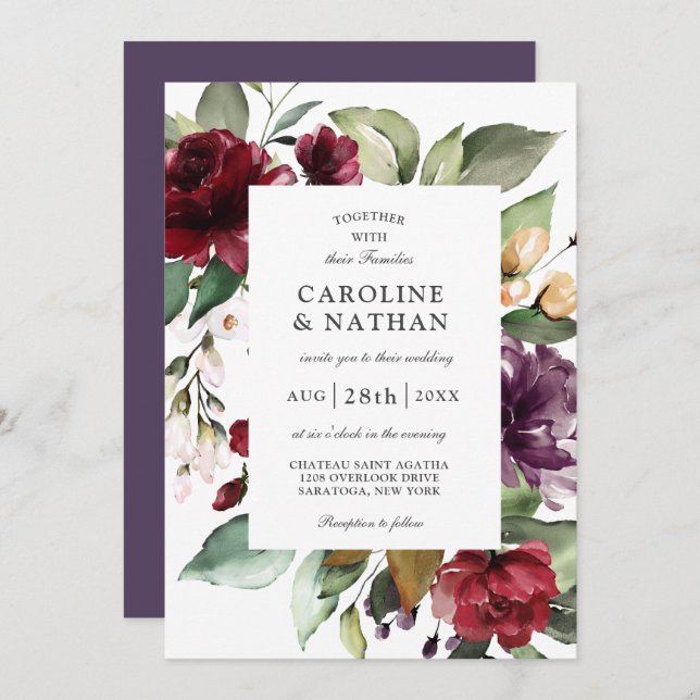 Romantic Burgundy Red and Plum Floral Wedding Invitation (Front/Back)