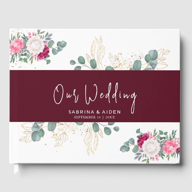 Romantic Burgundy Red | Bllush Pink Floral Wedding Guest Book (Front)