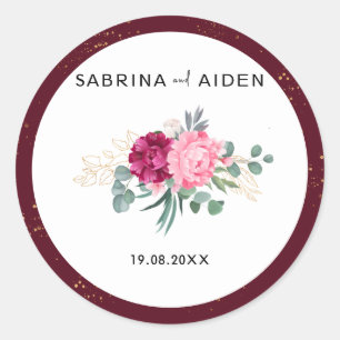 Romantic Burgundy Red   Blush Pink Floral Wedding Classic Round Sticker