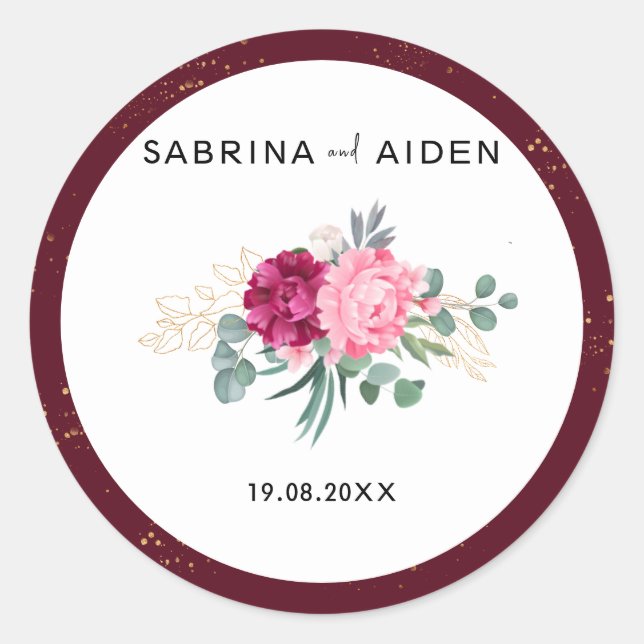 Romantic Burgundy Red | Blush Pink Floral Wedding Classic Round Sticker (Front)