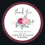Romantic Burgundy Red | Blush Pink Gold Floral  Classic Round Sticker<br><div class="desc">This design features a geometric watercolor bouquet of realistic eucalyptus,  golden-stained leaves,  greenery foliage and a "Thank You"Calligraphy script. Personalise with your wedding details.</div>