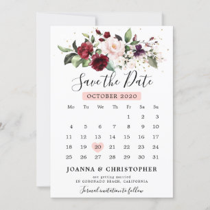 Romantic Burgundy Red Blush Rose Floral calendar Save The Date