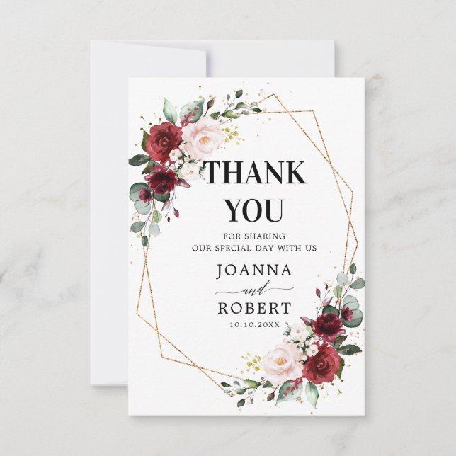 Romantic Burgundy Red Blush Rose Floral Geometric Thank You Card (Front)