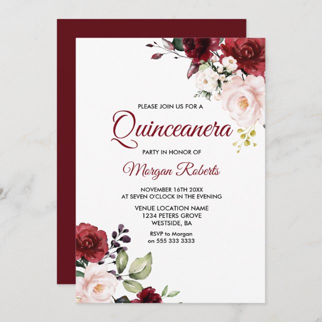 Romantic Burgundy Red Flowers Quinceanera  Invitation (Front/Back)