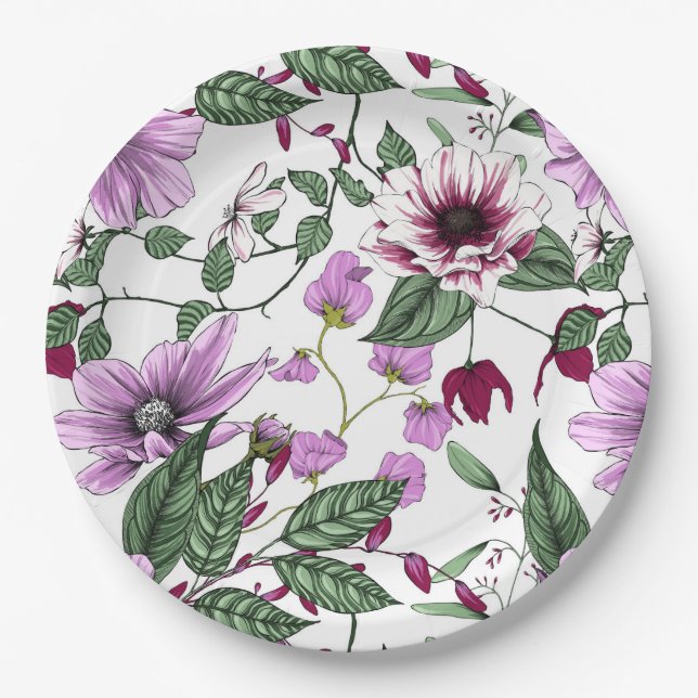 Romantic burgundy red peony flowers greenery poppy paper plate (Front)