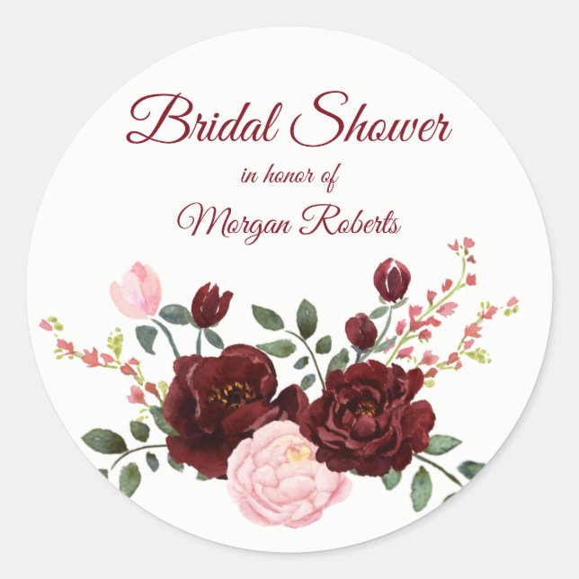 Romantic burgundy red pink rose Bridal Shower Classic Round Sticker (Front)