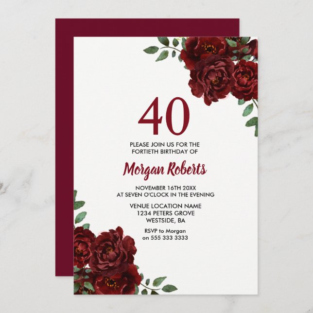 Romantic Burgundy Red Rose 40th Birthday Invite (Front/Back)