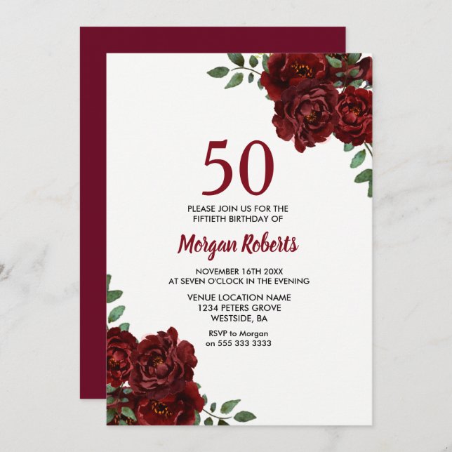 Romantic Burgundy Red Rose 50th Birthday Invite (Front/Back)
