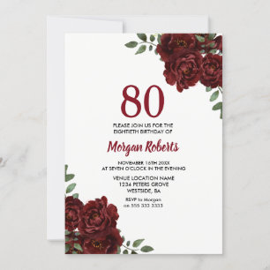 Romantic Burgundy Red Rose 80th Birthday Invite