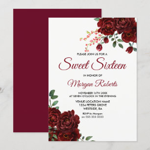 Romantic Burgundy Red Rose Floral Sweet 16 Invite