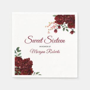 Romantic Burgundy Red Rose Floral Sweet 16 Napkin