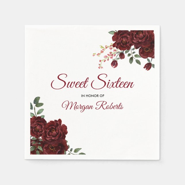 Romantic Burgundy Red Rose Floral Sweet 16 Napkin (Front)